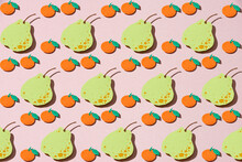 Seamless Background With Pears And Oranges. Fruit Made Of Paper.