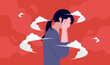 Woman depression - Female person standing with hands covering face feeling depressed on red background. Anxiety and burnout concept. Vector illustration