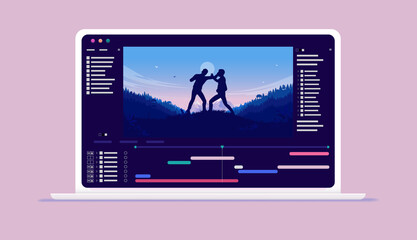 Leinwandbilder - Motion design and visual effect software on computer screen - Film production and editing on laptop. Vector illustration.
