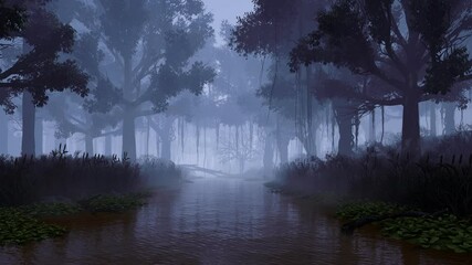 Wall Mural - mysterious woodland scenery with small overgrown river among old creepy tree silhouettes in a dark m