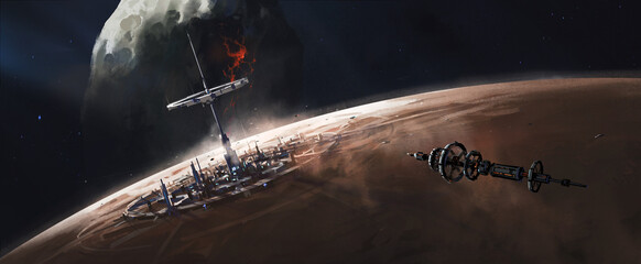 The spacecraft hovered over the alien base, 3D illustration.