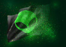 Green Alien From Space On Vector 3d Flag On  Background With Polygons And Data Numbers