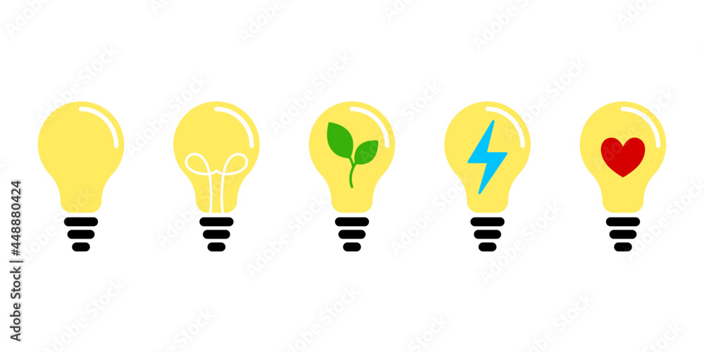Żarówka - zestaw ikon do projektów. Żarówki świecące jasnym żółtym światłem. Symbol idei, zielonej energii, rozwiązania, pomysły, radzenia sobie z problemem. Koncept lampy, światła. - obrazy, fototapety, plakaty 
