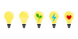 Żarówka - zestaw ikon do projektów. Żarówki świecące jasnym żółtym światłem. Symbol idei, zielonej energii, rozwiązania, pomysły, radzenia sobie z problemem. Koncept lampy, światła.
