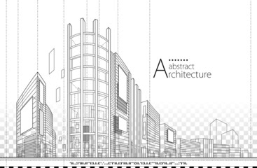 Wall Mural - 3D illustration linear drawing. Imagination architecture urban building design, architecture modern abstract background. 