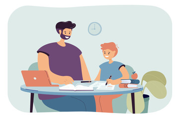 Sticker - Dad helping his son doing his homework. Flat vector illustration. Parent and child sitting at table, teaching with books, laptop, boy reading and writing. Home education, parenting, support concept