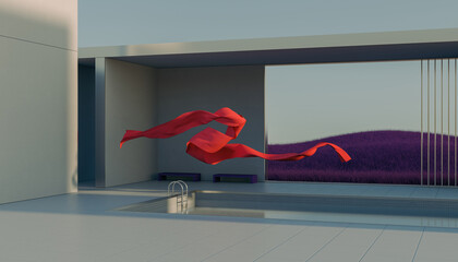 Panoramic render of a cloth floating in a minimal space
