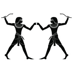 Symmetrical design, with two ancient Egyptian men or pharaohs holding snake wands. Black and white negative silhouette. Isolated vector illustration.