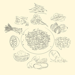 Wall Mural - Sambal Oen Pegagan And Ingredients Illustration Sketch Style, Traditional Food From Aceh, Good to use for restaurant menu. Indonesian cuisine, recipe book, and food element concept.