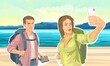 A beautiful girl tourist with a backpack makes a selfie with her boyfriend. Against the backdrop of a tropical beach, sea and mountains. Family travel. Flat style. Travel. Illustration vector