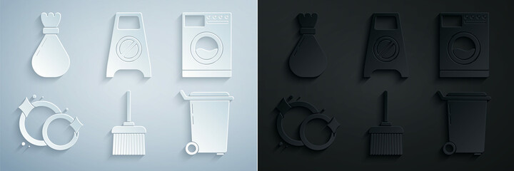 Wall Mural - Set Handle broom, Washer, Washing dishes, Trash can, Wet floor cleaning progress and Garbage bag icon. Vector