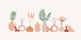 Fototapeta Boho - Collection of trendy ceramic vases with plants. Composition of earthy jags and flower pots in minimalistic pastel terracotta colors. Vector boho scandinavian style of pottery. Flat style illustration.