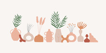 Collection Of Trendy Ceramic Vases With Plants. Composition Of Earthy Jags And Flower Pots In Minimalistic Pastel Terracotta Colors. Vector Boho Scandinavian Style Of Pottery. Flat Style Illustration.