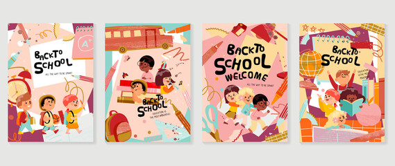 Back to school vector banners. Background design with children and education accessories element. Kids hand drawn flat design for poster , wallpaper, website and cover template. 
