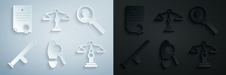 Wall Mural - Set Magnifying glass with footsteps, for search, Police rubber baton, Scales of justice, and Certificate template icon. Vector