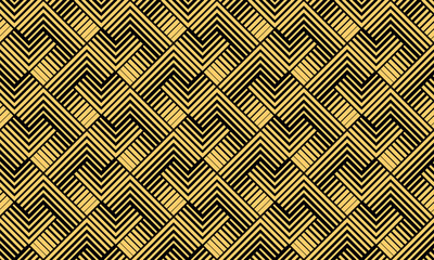 Abstract geometric pattern with stripes, lines. Seamless vector background. Gold and black ornament. Simple lattice graphic design