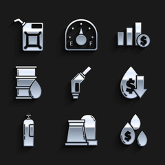 Sticker - Set Gasoline pump nozzle, drop with dollar symbol, Drop crude oil price, Industrial cylinder tank, Barrel, Pie chart infographic and Canister for gasoline icon. Vector