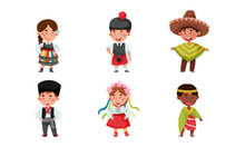 Kids Wearing National Costumes Of Different Countries Vector Illustration Set