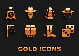 Canvas Print - Set Gun powder barrel, Western cowboy hat, Game dice, Cowboy boot, Gallows, Camping lantern, Money bag and icon. Vector