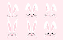 Easter Bunny Set. Cute Rabbit Face With Different Emotions. Symbol Of Great Easter. Cute Design Elements. White Long Ears, Muzzle And Paws. Cartoon Flat Vector Collection Isolated On Pink Background