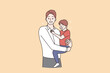 © Dzianis Vasilyeu - Happy fathers day and childhood concept. Smiling positive man parent dad standing and holding his smiling son child on hands vector illustration