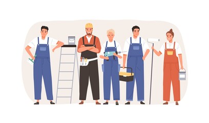 Wall Mural - Team of workers with tools and equipment for home repair. Group of builders, repairman, masters and painters in overalls. Portrait of handymen. Flat vector illustration isolated on white background