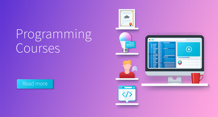 Wall Mural - programming courses banner in 3d style