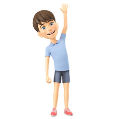 Wall Mural - Cartoon character smiling boy in a blue shirt raised his hand. 3d render illustration.