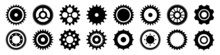 Simple Gear Icons. Wheels Set On Black Background. Vector White Cogwheels Collection. 