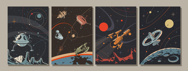 retro future style space illustration set, spacecraft, rockets, orbital station, planets