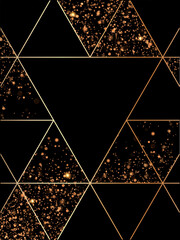 Wall Mural - Vector geometric card template with gold glitter confetti and solid triangle shapes.