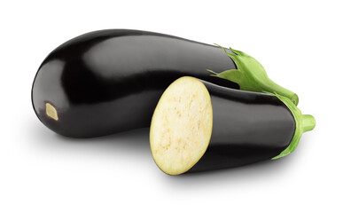 Wall Mural - Halved and whole eggplant or aubergine isolated on a white background.