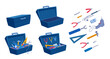 An empty and a full toolbox. Working tools, open and closed box, instrument collection icons. Vector cartoon illustration set isolated on a white background.
