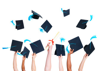 Group of Graduating Student's Hands Holding and Throwing Graduat