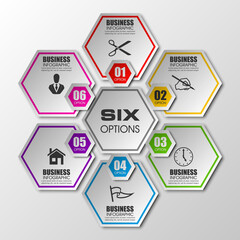 Fototapete - Information infographic statistic vector presentation. Graphic composition for your business presentations. Six hexahedron label for your annotations. 6 hexagon sticker for registration of proposals