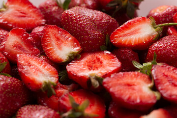 Wall Mural - Fresh sliced strawberries for jam or pie filling, close-up, top view