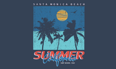 santa monica beach t shirt design. summer paradise with palm tree vector artwork.