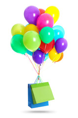 Poster - Bunch of color balloons and paper bags on white background