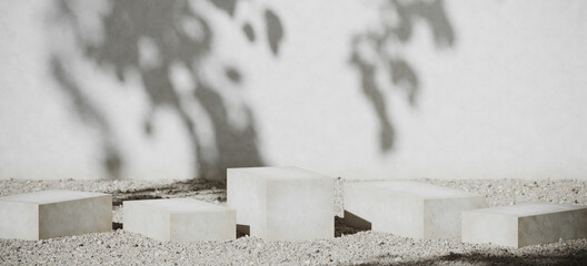 Poster - Summer mockup concept for product presentation. White cement podium and pebble floor with leaf shadow. 3d rendering illustration. Clipping path of each element included.