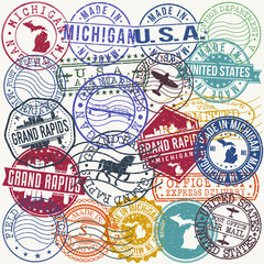 Canvas Print - Grand Rapids, MI, USA Set of Stamps. Travel Stamp. Made In Product. Design Seals Old Style Insignia.