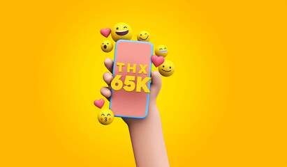 Sticker - Thanks 65k social media supporters. cartoon hand and smartphone. 3D Render.