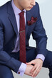 Cropped shot of a man in blue office suit and light violet shirt. Formal wear is completed by burgundy tie with polka dot pattern, silk handkerchief to match, steel tieclip and cufflinks. 