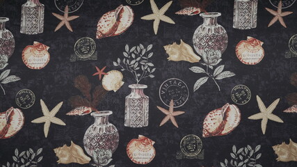 Wall Mural - pattern with sea shells and star fish on fabric