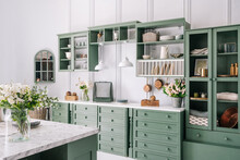 New Stylish White Kitchen With Green Furniture