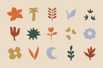 Doodle abstract botanical flowers. Hand drawn set of various geometric leaf icons, contemporary vector illustration