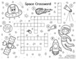 © juliyas - Crossword for kids with cute space characters. Black and white space activity page for kids and word search puzzle. Educational coloring sheet for school and preschool. Vector illustration