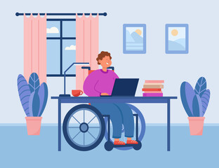 Wall Mural - Disabled man in wheelchair working at computer at home. Male invalid in cozy workplace flat vector illustration. Accessibility, remote work concept for banner, website design or landing web page