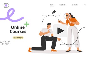 Concept of online courses or education, web template. Modern flat vector illustration with young man and woman working in a graphics program for illustrators, designers or photographers. 