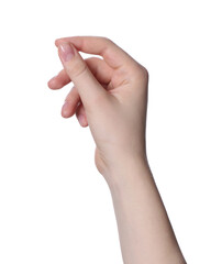 Wall Mural - woman holding something against white background, closeup
