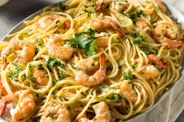 Poster - Homemade Cooked Shrimp Scampi with Pasta